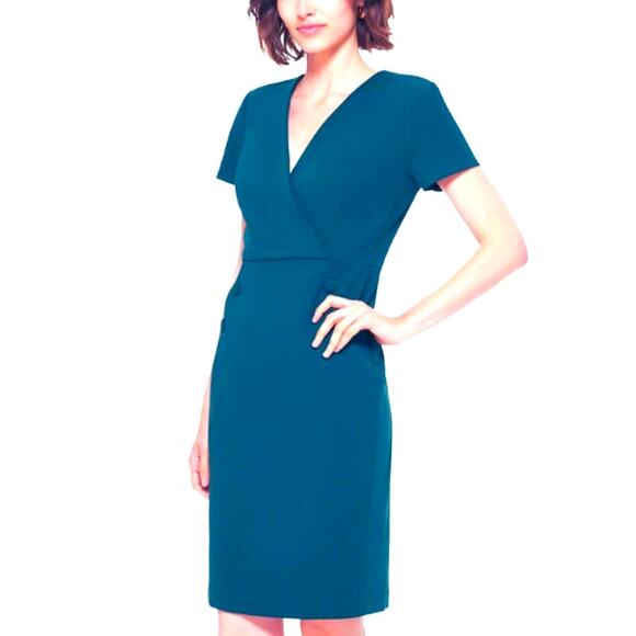 CALVIN KLEIN Short Sleeve Side Button-Trim Career Sheath Dress Teal - Size 4 NWT - Picture 1 of 11